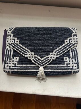 Moyna Navy and White Beaded Envelope Clutch with Tassel
